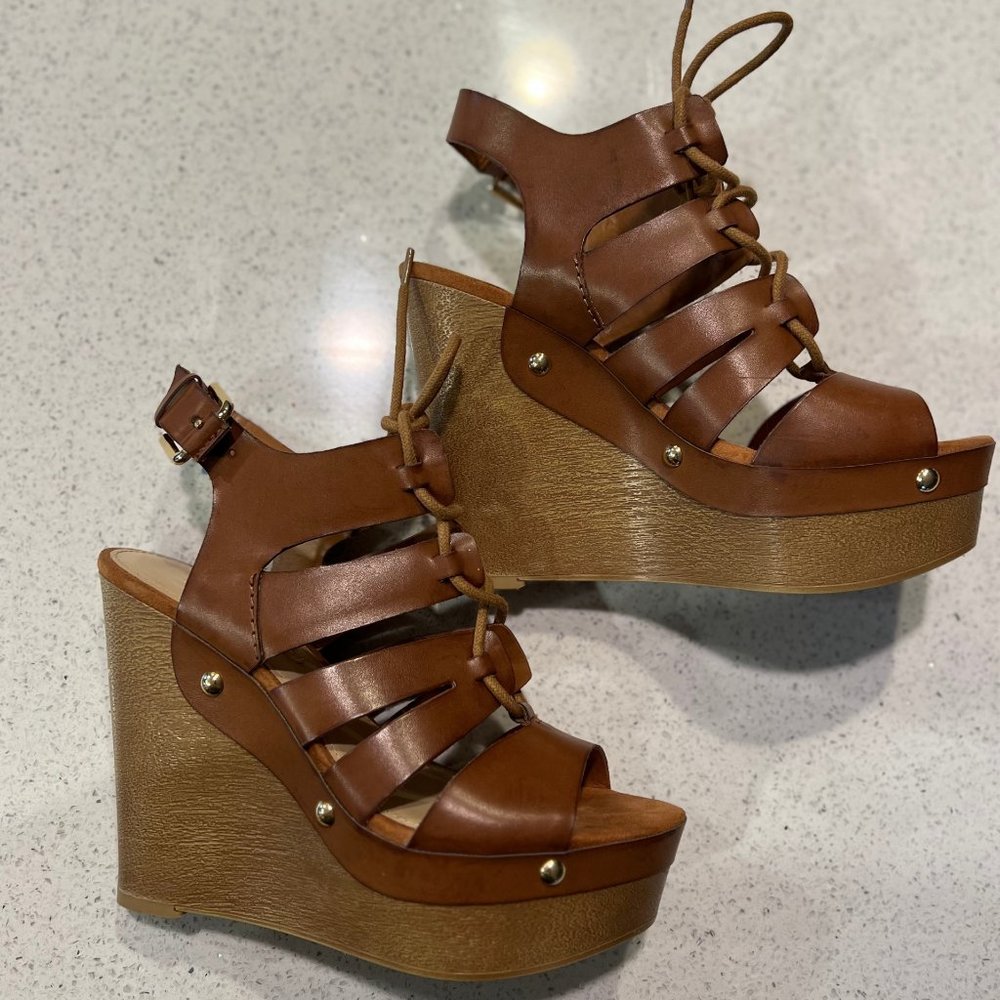 Guess Women Light Brown Leather Front Lace Up Platform Wedge Sandals